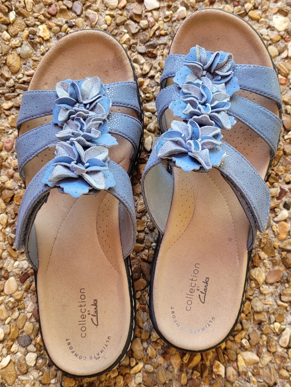 Clarks Laurieann Judi Blue Leather Slide Sandals 7 Shimmer Metallic Floral